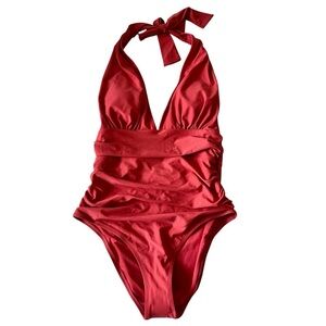 Cupshie Coral Halter Swimsuit with Plunging V-neckline and Ruched Detail SZ L